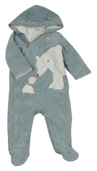 Světlemodrá sametová žebrovaná zateplená kombinéza s medvídky a kapucí C&A