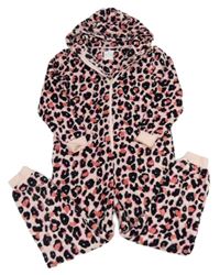 Světlerůžovo-černo-růžová vzorovaná chlupatá kombinéza s kapucí Next