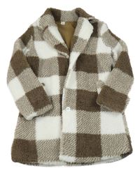 Hnědo-bílý kostkovaný huňatý podšitý kabát Shein