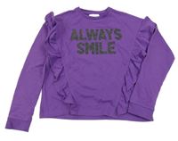 Fialová mikina s nápisem a volánky D-zie