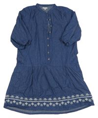 Tmavomodré plátěné šaty s výšivkou Vertbaudet