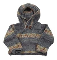 Barevný pruhovaný svetr s klokankou a kapucí 