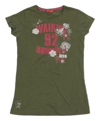 Khaki tričko s nápisem a květy Review 