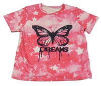 Růžovo-bílé batikované tričko s motýlem 