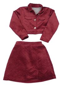 2set - Malinový sametový crop prošívaný kabátek + sukně Shein