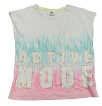 Bílo-modrozeleno-růžové tričko s nápisy H&M