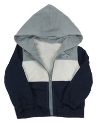 Tmavomodro-bílo-šedá šusťáková zateplená bunda s dinosaurem zn. Shein