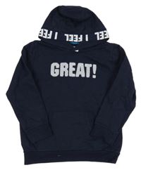 Tmavomodrá mikina s nápisy a kapsou a kapucí Topolino