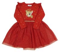 Červené šaty se sobem s flitry a zlatými hvězdičkami a volánky a tylem s puntíky PRIMARK