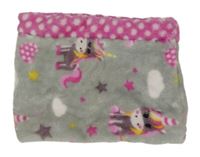 Šedo-tmavorůžový plyšový zateplený nákrčník s jednorožci a puntíky