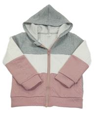 Šedo-bílo-starorůžová vzorovaná propínací mikina s kapucí SHEIN