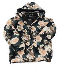 Nové - černá prošívaná sametová zateplená bunda s růžemi a kapucí Firetrap