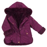 Švestková šusťáková zimní parka s kytičkami a motýlky a kapucí a kožešinou St. Bernard