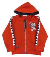 Červená propínací mikina s dinosaurem a kapucí