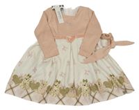 Nové - 2Set - Smetanovo-pudrové šaty s medvídky a mašlemi + čelenka MISS EBITO