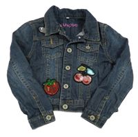 Tmavomodrá riflová crop bunda s jahůdkou a třešničkami a srdíčkem z flitrů Bluezoo