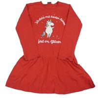 Červené šaty s jednorožcem a nápisy KIDSWORLD