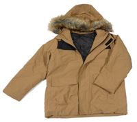 Hnědo-černá šusťáková pod/zimní bunda s kapucí s kožešinou SHEIN