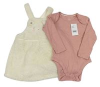 2set - Krémové chlupaté šaty s čumákem + starorůžové body Mothercare