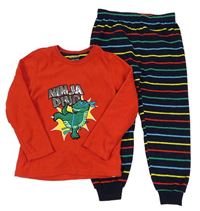 Červeno-tmavomodro-barevné fleecové pyžamo s dinosaurem Primark