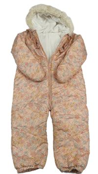 Růžová květovaná šusťáková zimní kombinéza s volánky a kapucí George