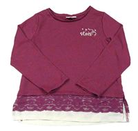 Vínové melírované úpletové triko s nápisem a krajkou Topolino