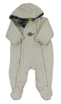 Světlešedá melírovaná prošívaná zateplená tepláková kombinéza s dinosaurem a kapucí