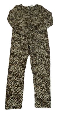 Béžovo-černý sametový kalhotový overal s leopardím vzorem Tu