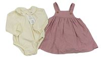 2 set - Smetanové body s límečkem + starorůžový manšestrové laclové šaty F&F