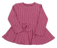 Růžová úpletová žebrovaná tunika s mašlí 