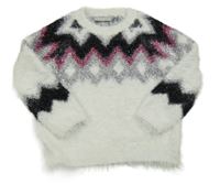 Bílo-černo-šedý vzorovaný chlupatý svetr Matalan