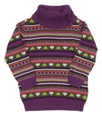 Fialovo-zelený pruhovaný svetr se srdíčky a rolákem Topolino