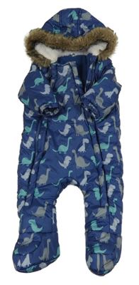 Tmavomodrá šusťáková zimní kombinéza s dinosaury a kapucí F&F