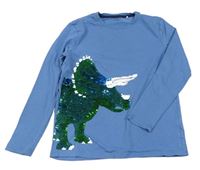 Modré triko s dinosaurem z překlápěcích flitrů Yigga