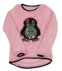 Růžová chlupatá třpytivá mikina s tučňákem z flitrů 