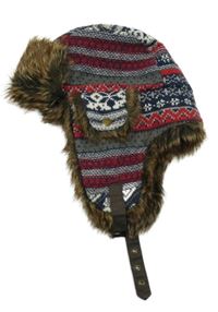 Šedo-tmavomodro-bílo-červená vzorovaná beranice s kožešinou H&M