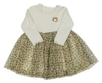 Bílo-béžovo-černé žebrované šaty s tylovou sukní s leopardím vzorem Matalan