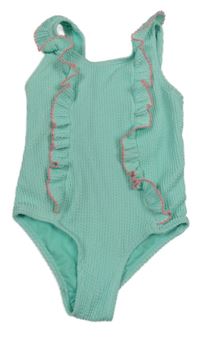 Tyrkysové žebrované jednodílné plavky s volánky Primark