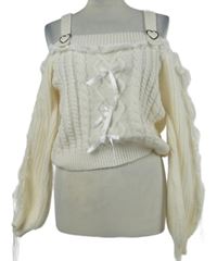 Dámský smetanový crop svetr s mašlemi a volnými rameny 