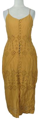Dámské hořčicové plátěné madeirové midi šaty Primark 