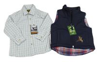 Nové - 2set- tmavomodrá zateplená vesta s bažantem+ kostkovaná košile
