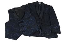 2set- tmavomodro-černé slavnostní sako s výšivkou+ vesta