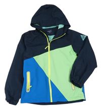 Tmavomodro-zeleno-barevná jarní nepromokavá funkční bunda s kompasem