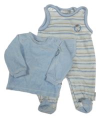 2set - Světlemodrá sametová mikina + pruhované sametové dupačky s ovečkou 