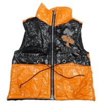 Černo-oranžová šusťáková lesklá zateplená vesta s nápisem 