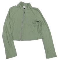 Světlekhaki žebrovaná propínací crop mikina RIVER ISLAND