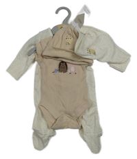 Nové - 4set - Bílý puntíkatý overal a+ body + slinták + čepice M&S