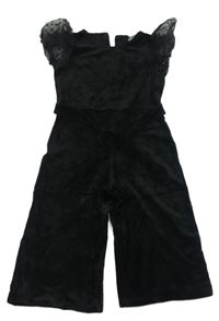 Černý plyšový culottes overal s tylovými rukávy a páskem Matalan