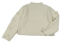 Krémový žebrovaný vlněný crop svetr s mašlemi Zara