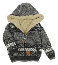 Tmavošedo-bílý vzorovaný propínací zateplený svetr s kapucí